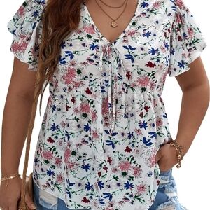 Floral Tie-Front V-Neck Babydoll Top - White/Pink/Blue